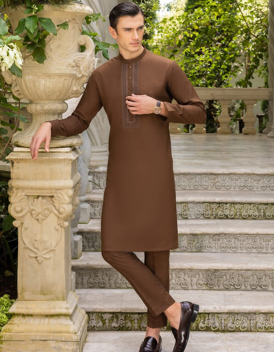 Brown Blended Kurta Pajama